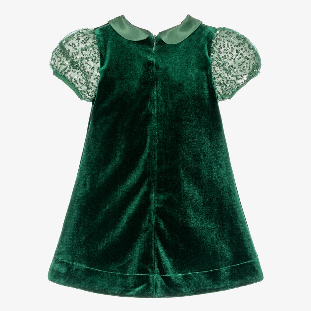 Coeur by Childrensalon-Girls Green Velvet Dress with Sequinned Puff Sleeves | Childrensalon