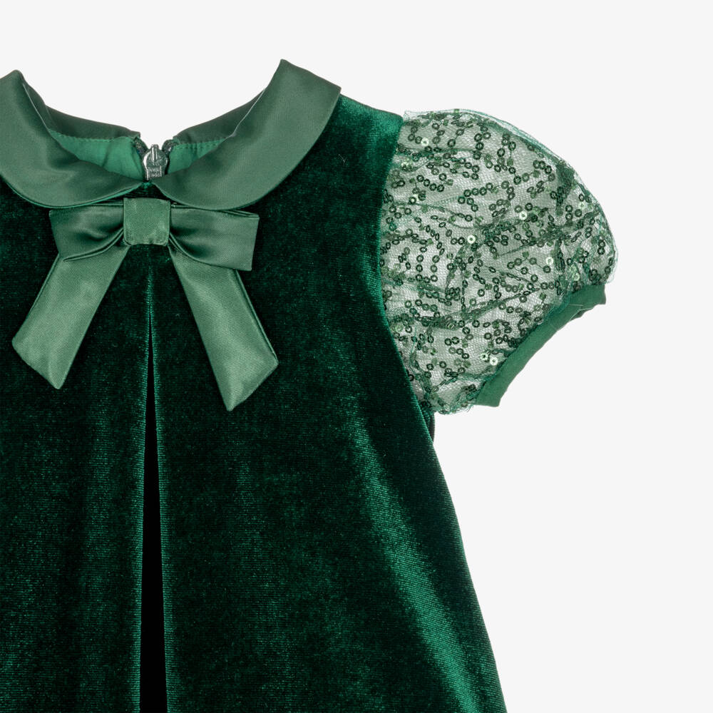 Coeur by Childrensalon-Girls Green Velvet Dress with Sequinned Puff Sleeves | Childrensalon