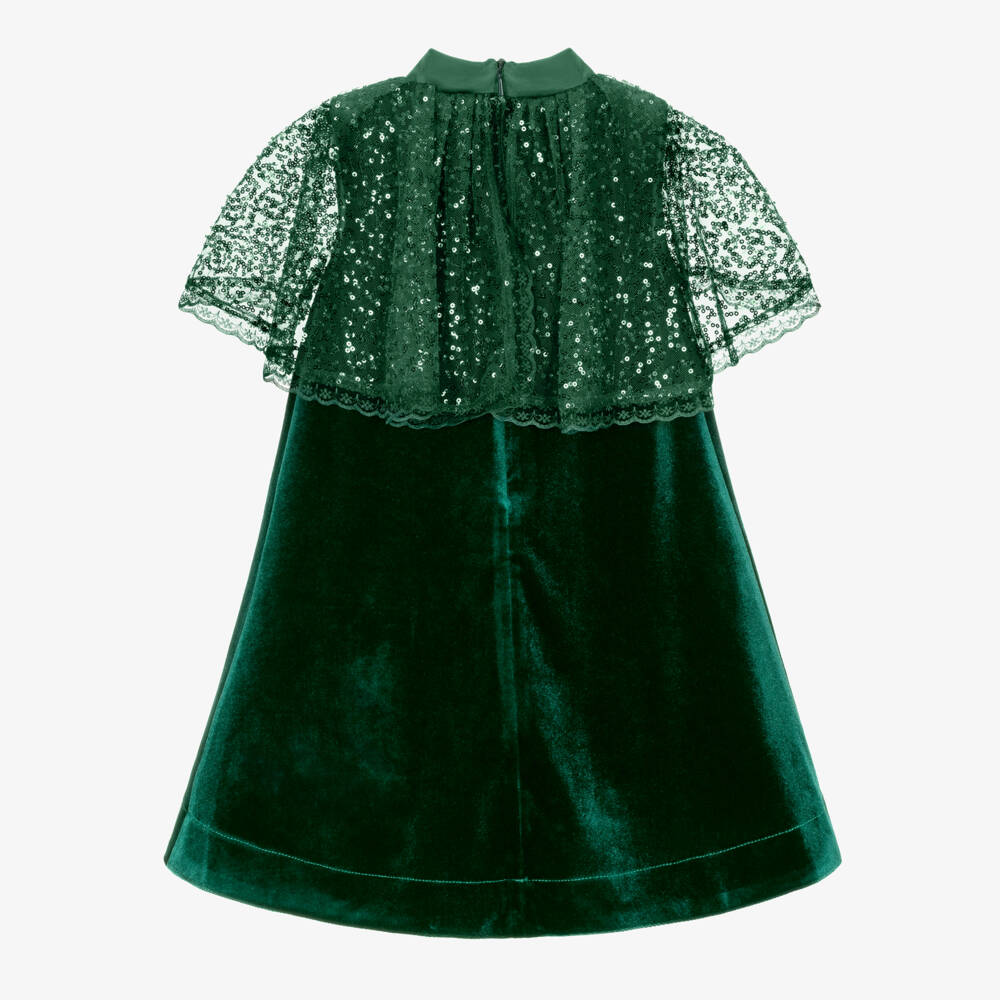 Coeur by Childrensalon-Girls Green Velvet Dress with Sequinned Tulle Cape | Childrensalon