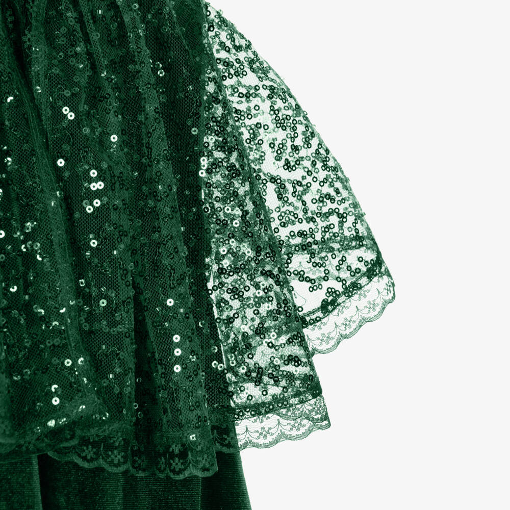 Coeur by Childrensalon-Girls Green Velvet Dress with Sequinned Tulle Cape | Childrensalon