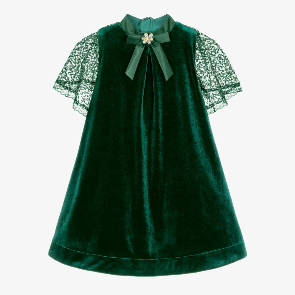 Coeur by Childrensalon-Girls Green Velvet Dress with Sequinned Tulle Cape  | Childrensalon