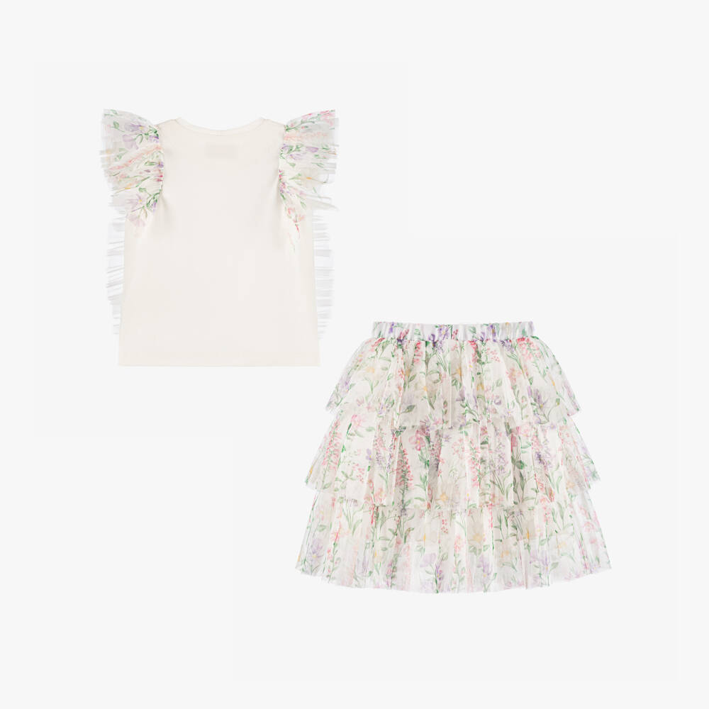 Coeur by Childrensalon-طقم تنورة مزين بورود تول لون عاجي للبنات | Childrensalon