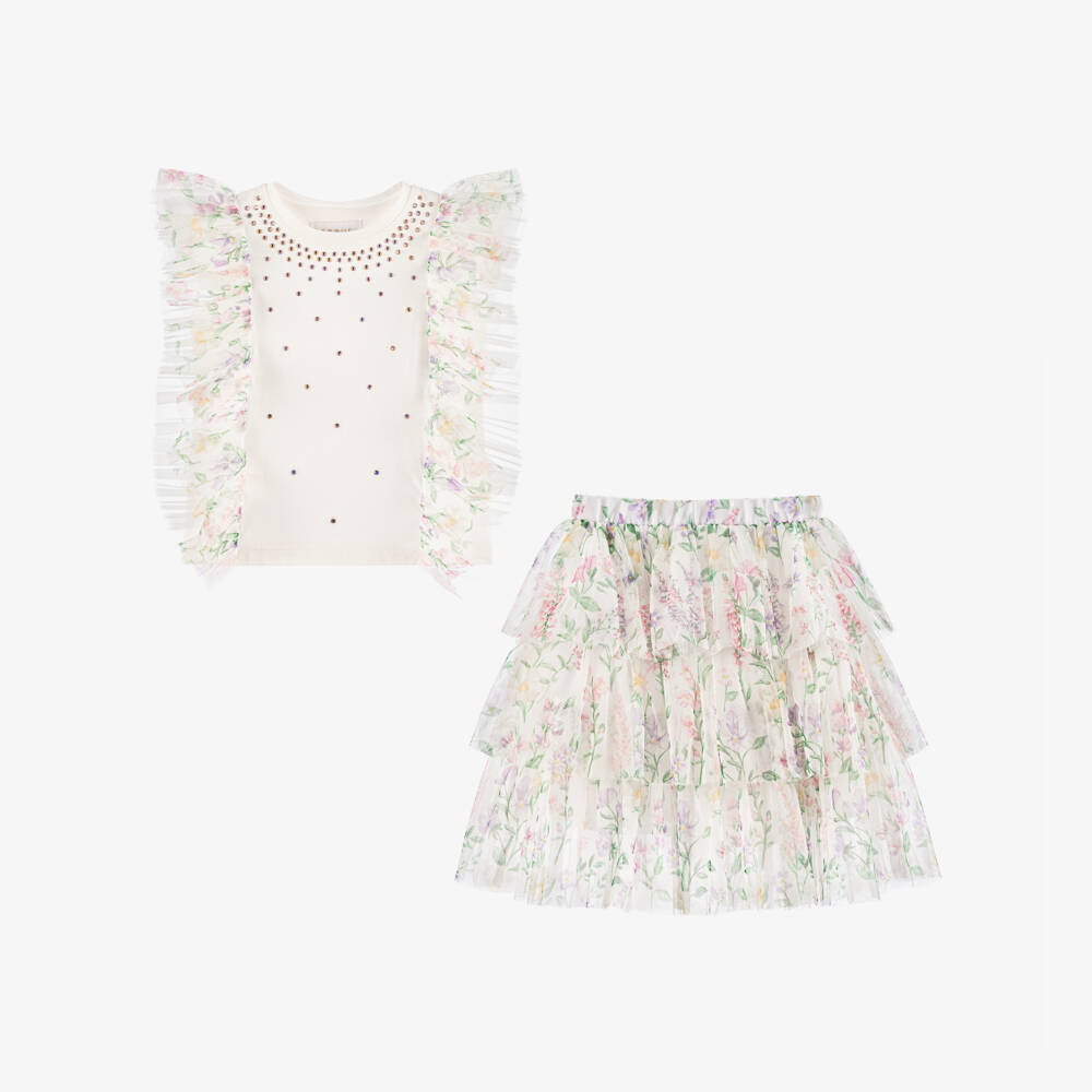 Coeur by Childrensalon-طقم تنورة مزين بورود تول لون عاجي للبنات | Childrensalon