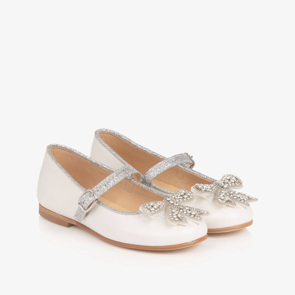 Coeur by Childrensalon-Girls Ivory Leather Shoes with Diamanté Bow | Childrensalon