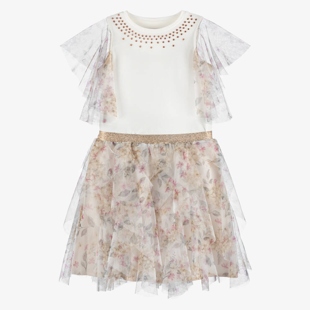 Coeur by Childrensalon-Girls Ivory & Pink Floral Tulle Skirt Set | Childrensalon
