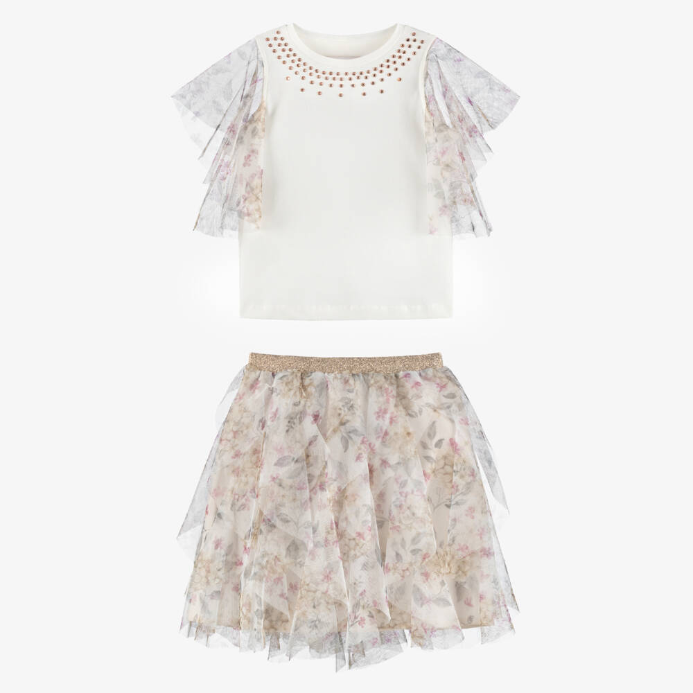 Coeur by Childrensalon-Girls Ivory & Pink Floral Tulle Skirt Set | Childrensalon
