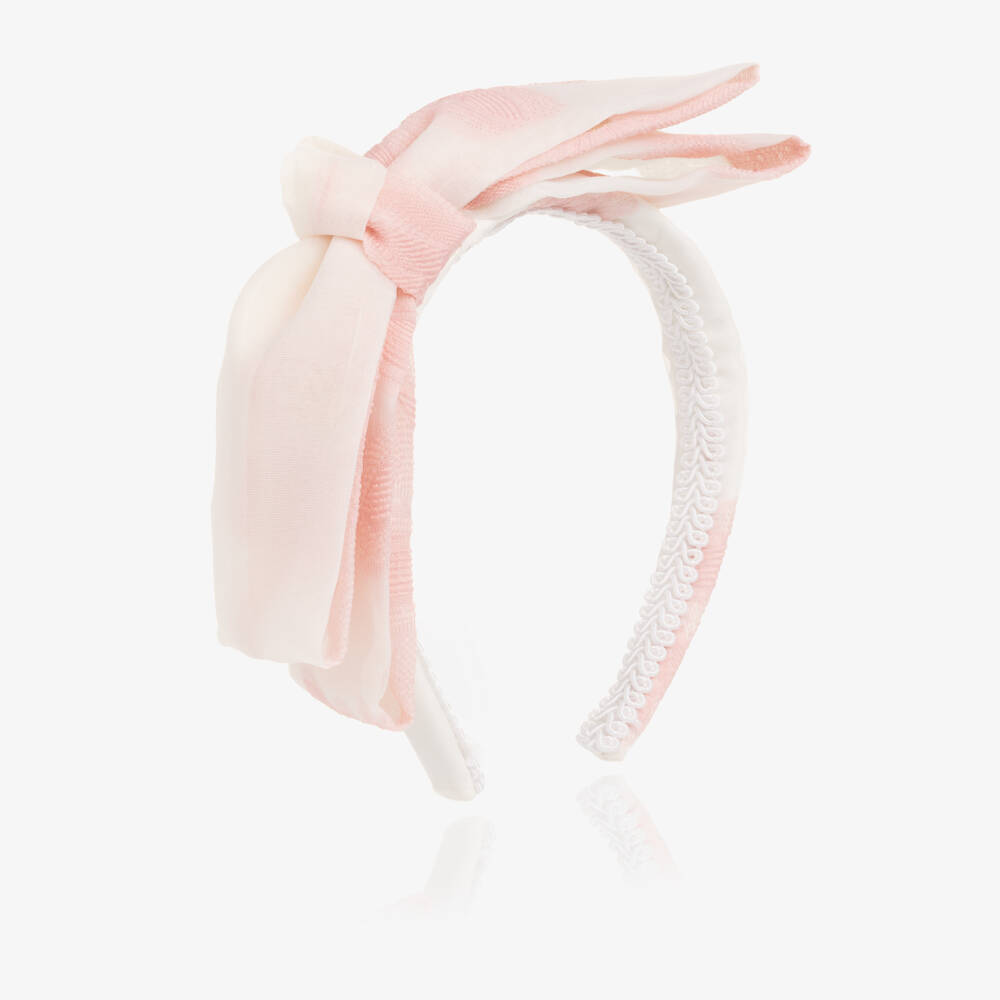 Coeur by Childrensalon-Girls Ivory & Pink Jacquard Organza Bow Hairband | Childrensalon