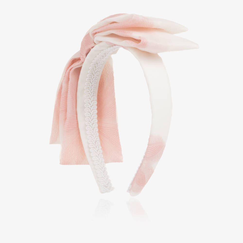 Coeur by Childrensalon-Girls Ivory & Pink Jacquard Organza Bow Hairband  | Childrensalon