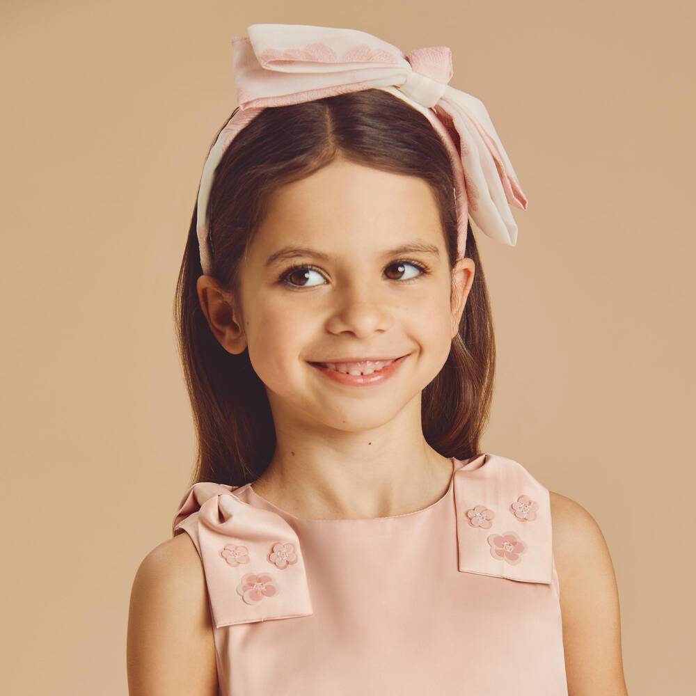 Coeur by Childrensalon-طوق شعر بفيونكة جاكار أورغانزا لون عاجي وزهري للبنات | Childrensalon