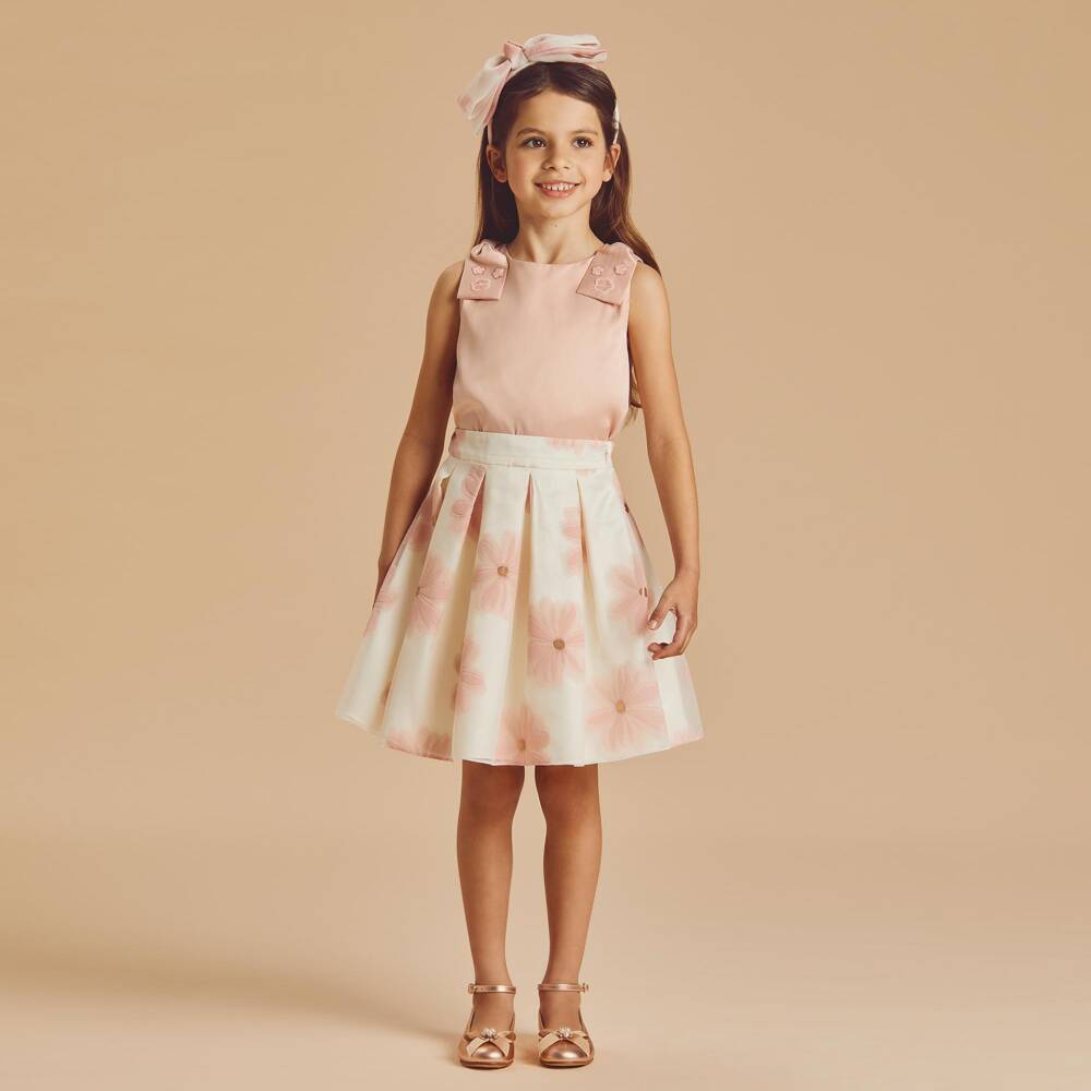 Coeur by Childrensalon-Girls Ivory & Pink Satin Floral Skirt Set | Childrensalon