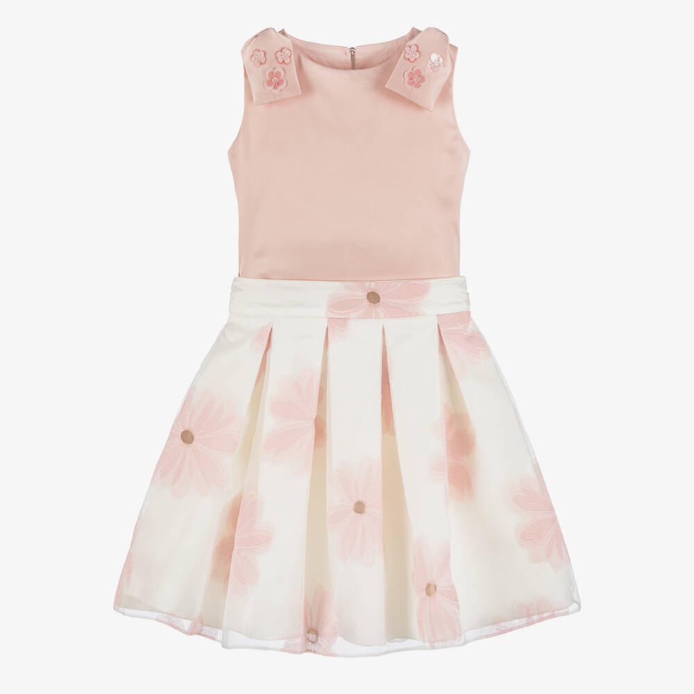 Coeur by Childrensalon-Girls Ivory & Pink Satin Floral Skirt Set | Childrensalon