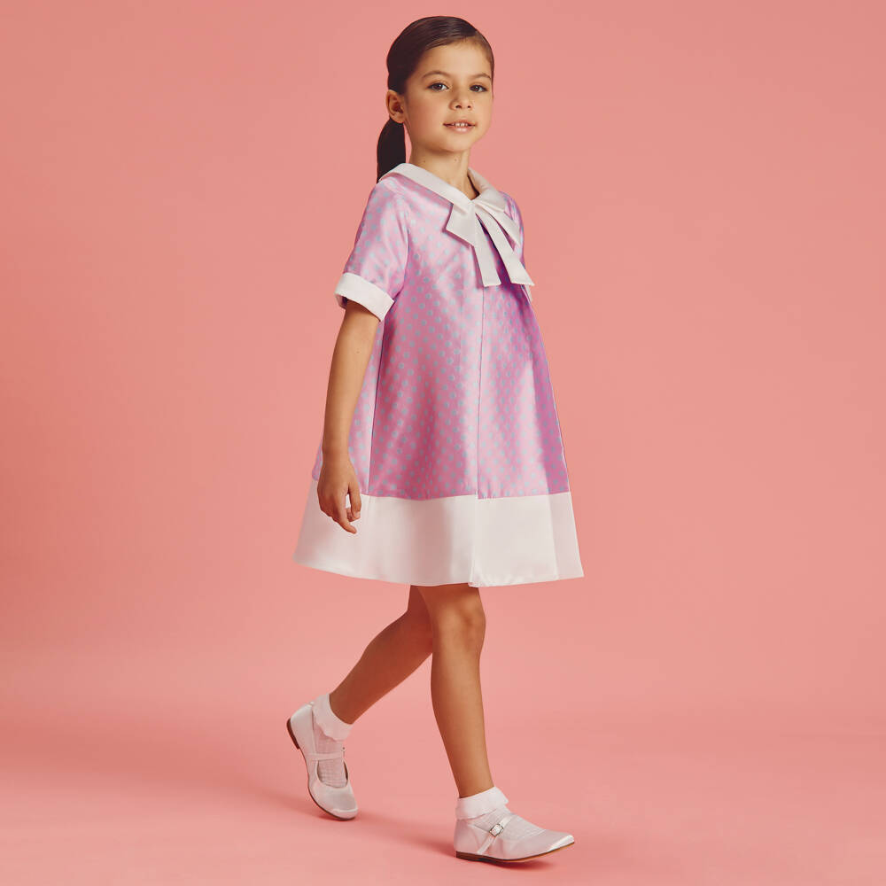 Coeur by Childrensalon-Girls Lilac Pink & Blue Satin Polka Dot Dress | Childrensalon