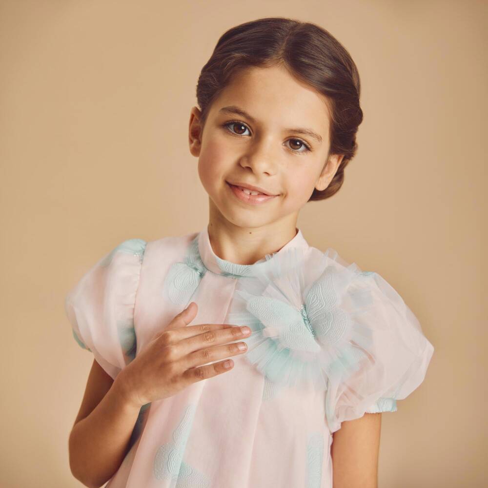 Coeur by Childrensalon-Girls Pink & Blue Organza Jacquard Butterfly Dress | Childrensalon