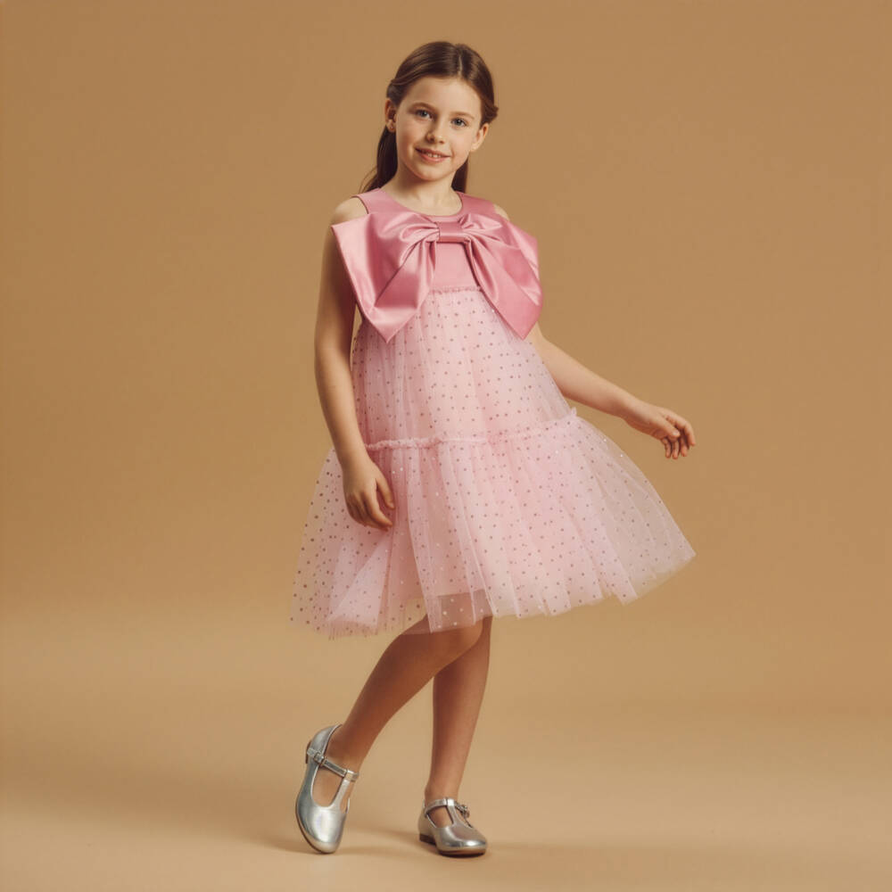 Coeur by Childrensalon-Girls Pink Bow & Glittery Hearts Tulle Dress | Childrensalon