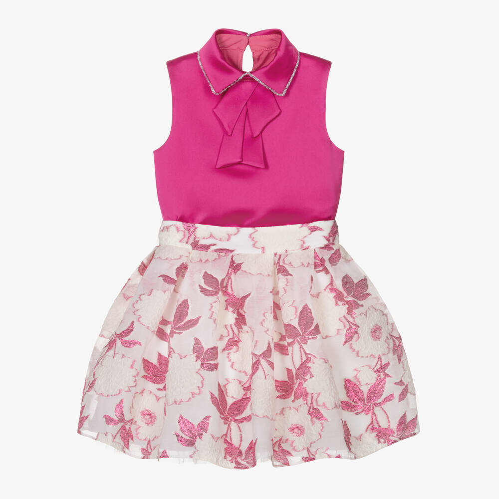 Coeur by Childrensalon-Girls Pink Floral Jacquard Skirt Set | Childrensalon