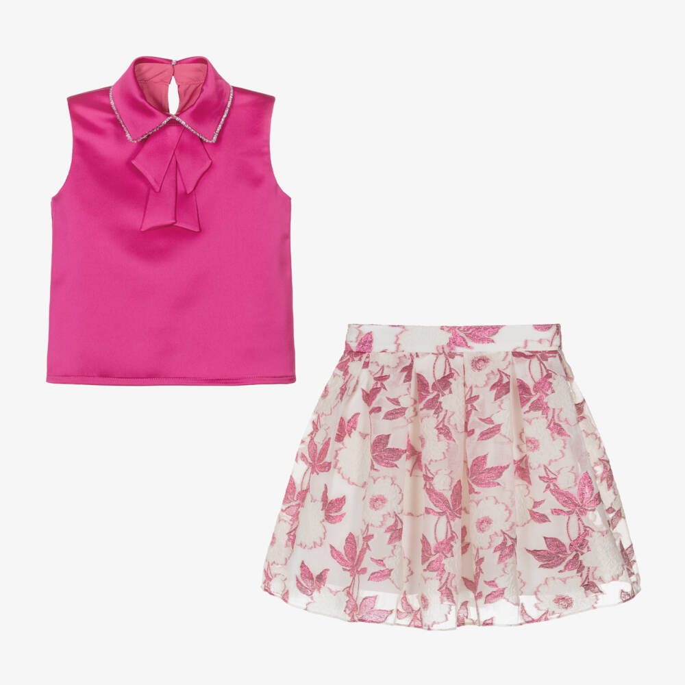 Coeur by Childrensalon-Girls Pink Floral Jacquard Skirt Set | Childrensalon