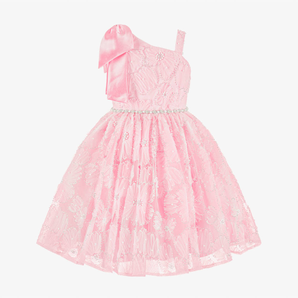 Coeur by Childrensalon-Girls Pink Floral Tulle One Shoulder Dress With Satin Bow | Childrensalon