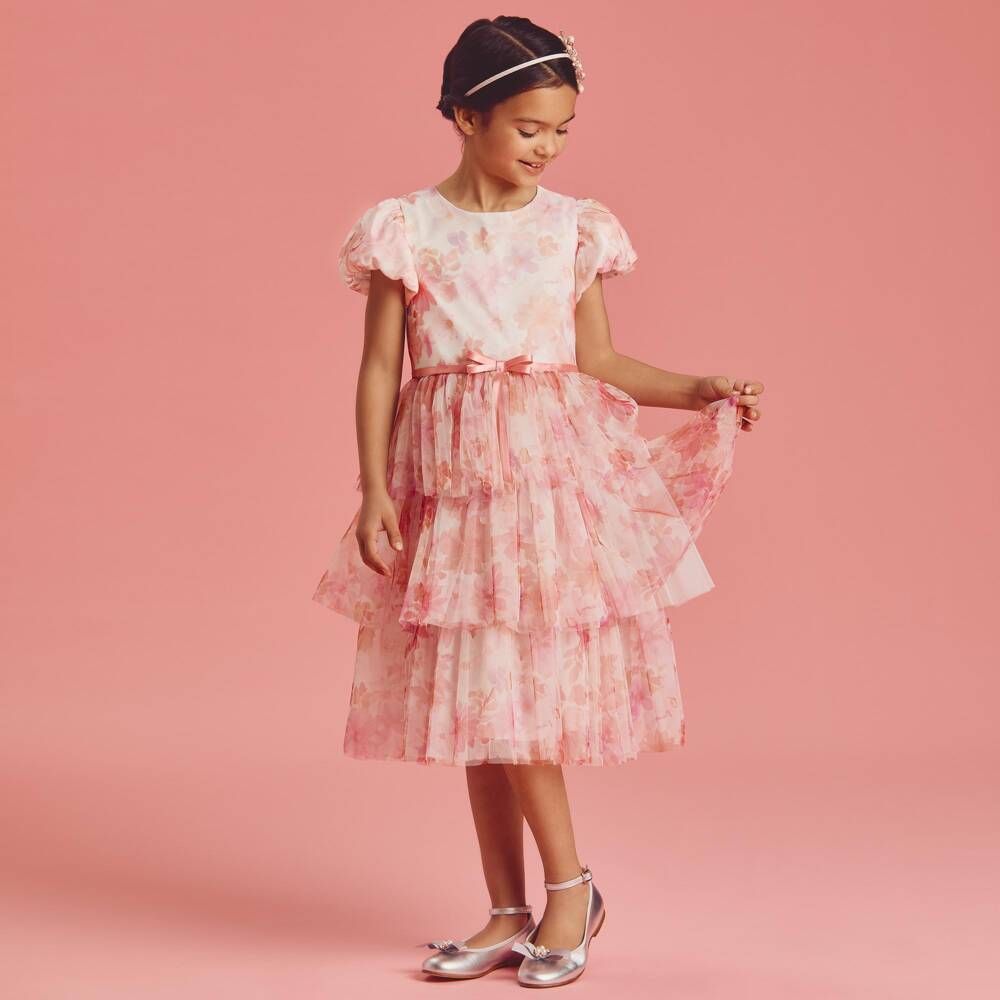 Coeur by Childrensalon-Girls Pink & Orange Floral Tiered Tulle Dress | Childrensalon
