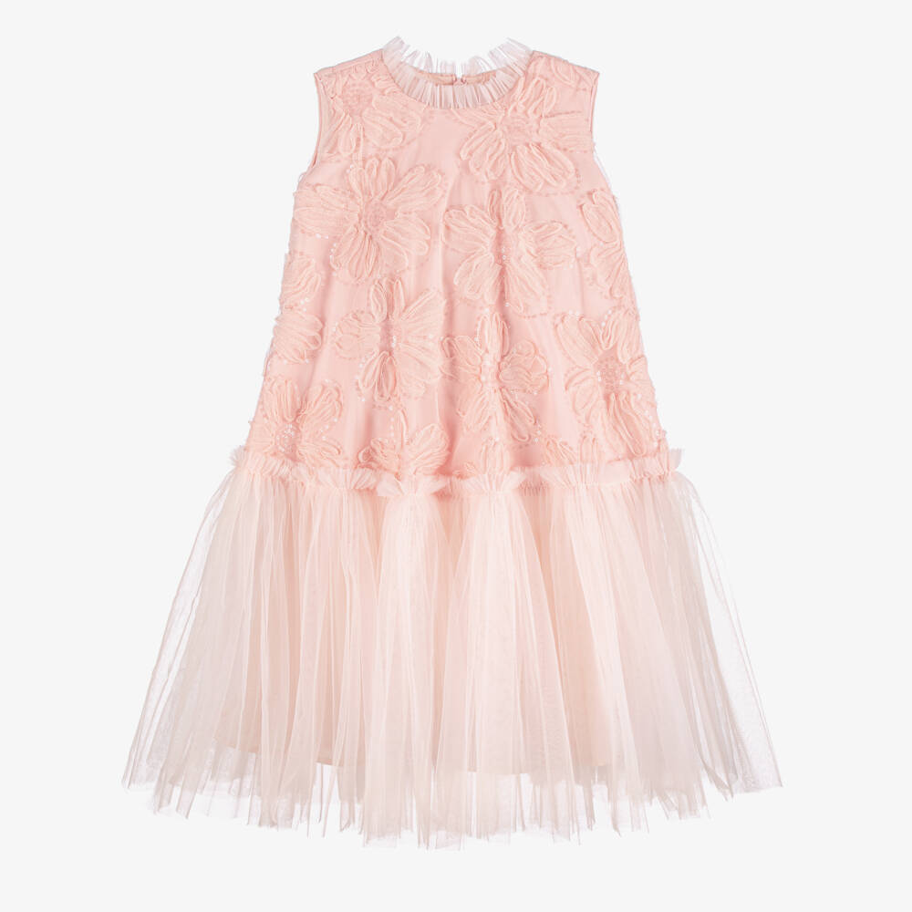 Coeur by Childrensalon-Girls Pink Tulle Dress with Sequinned Flowers | Childrensalon