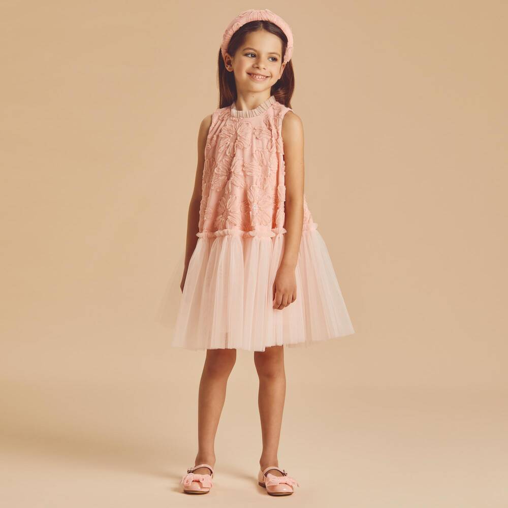 Coeur by Childrensalon-Girls Pink Tulle Dress with Sequinned Flowers | Childrensalon