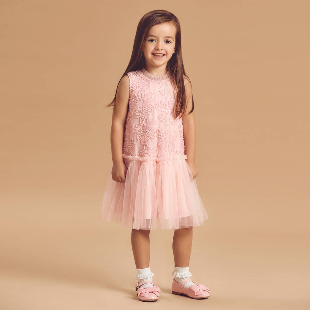 Coeur by Childrensalon-Girls Pink Tulle Dress with Sequinned Flowers | Childrensalon
