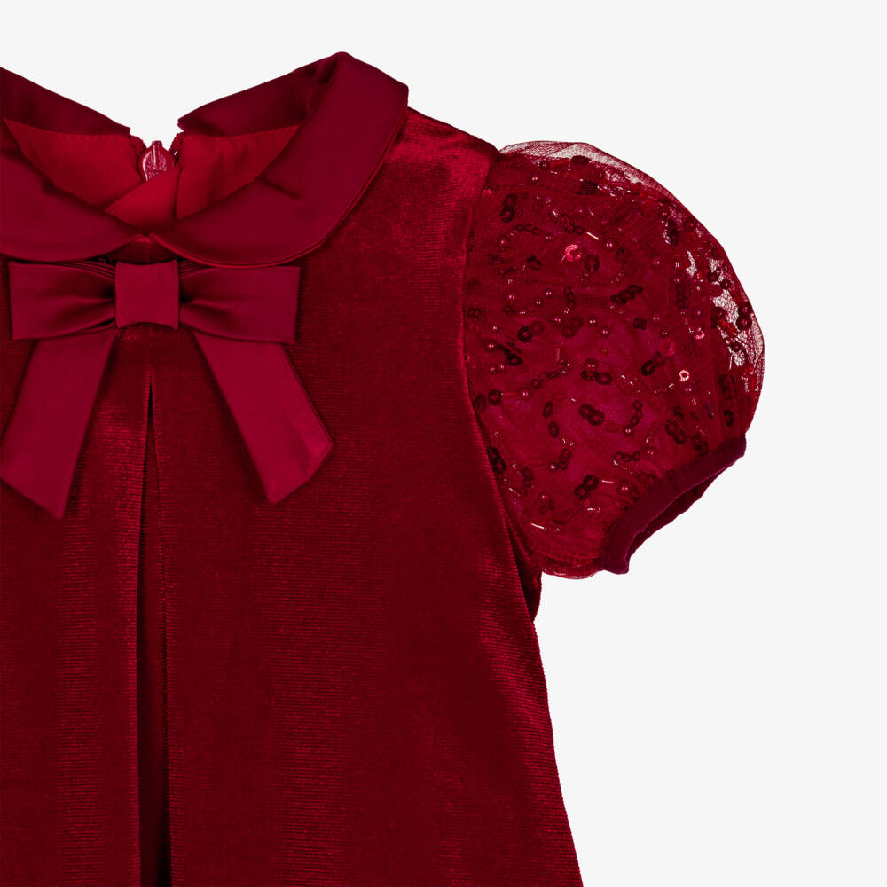 Coeur by Childrensalon-Girls Red Velvet Dress with Sequinned Puff Sleeves | Childrensalon