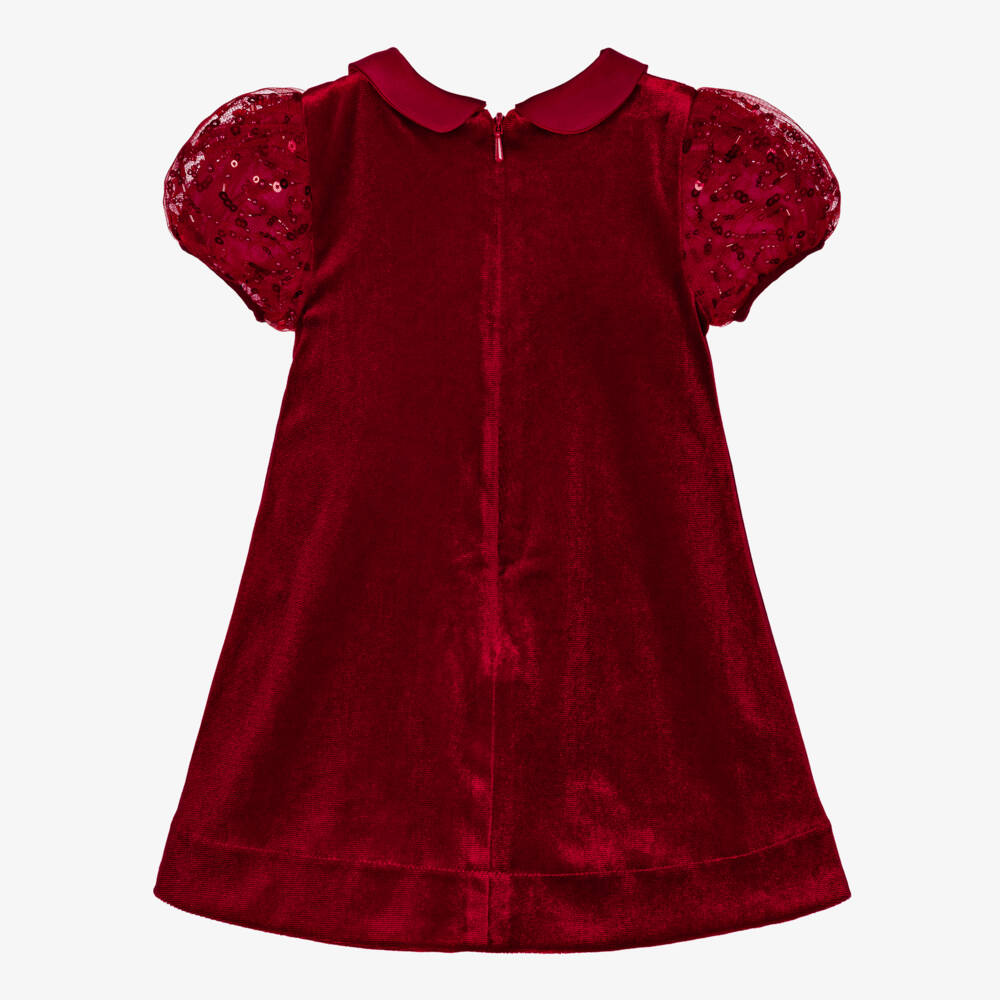Coeur by Childrensalon-Girls Red Velvet Dress with Sequinned Puff Sleeves | Childrensalon