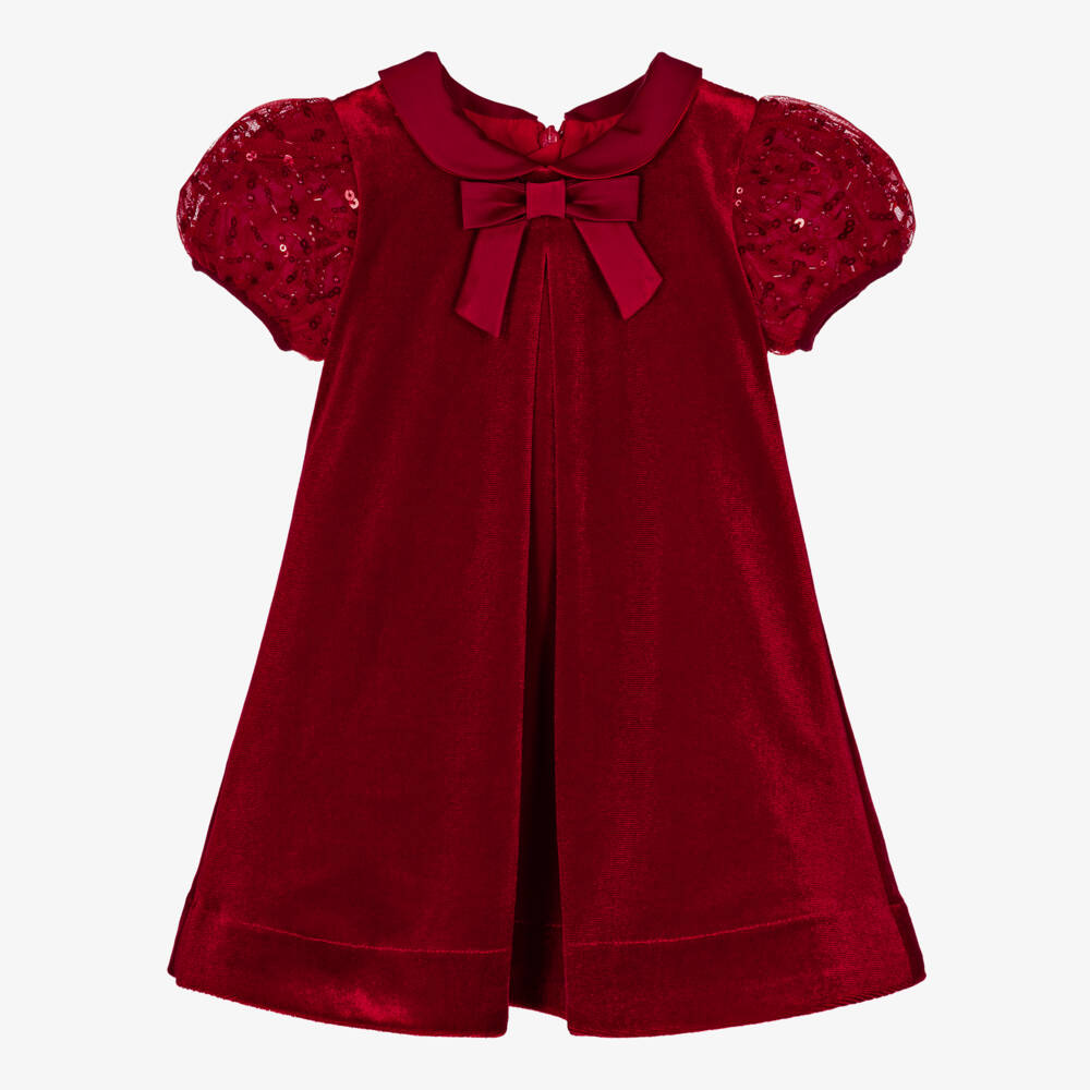 Coeur by Childrensalon-Girls Red Velvet Dress with Sequinned Puff Sleeves | Childrensalon