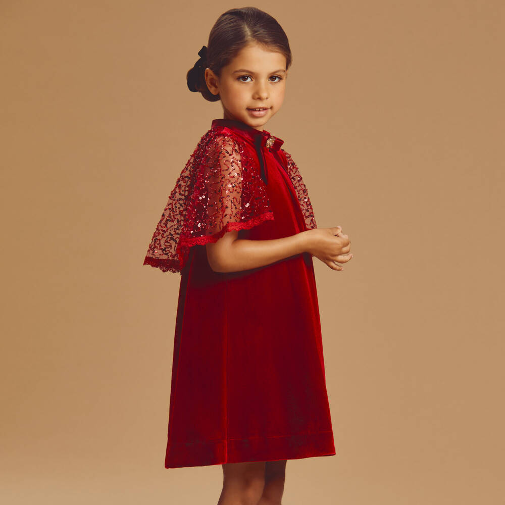 Coeur by Childrensalon-Girls Red Velvet Dress with Tulle Cape | Childrensalon