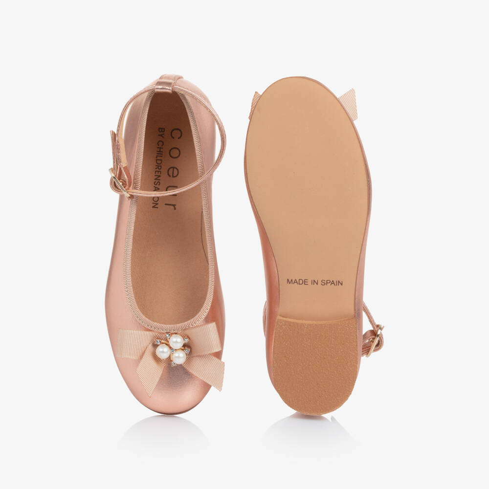 Coeur by Childrensalon-Girls Rose Gold Leather Pumps with Pearl & Diamanté Bow | Childrensalon
