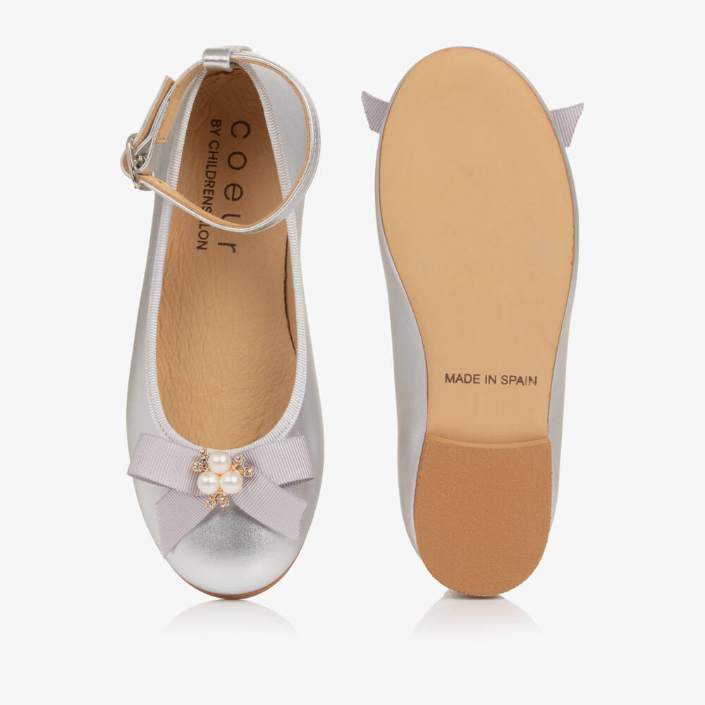 Coeur by Childrensalon-Girls Silver Leather Pumps with Pearl & Diamanté Bow | Childrensalon