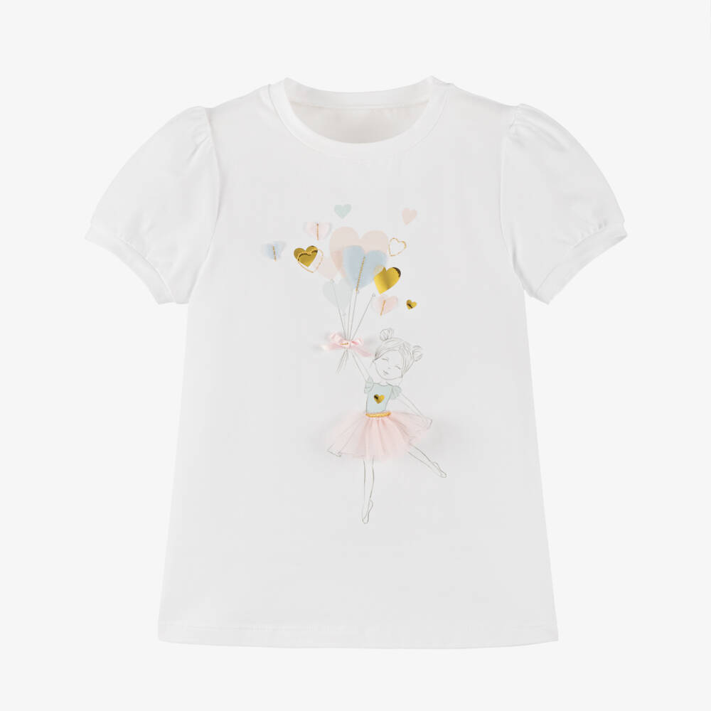 Coeur by Childrensalon-Girls White Cotton Ballerina T-Shirt | Childrensalon
