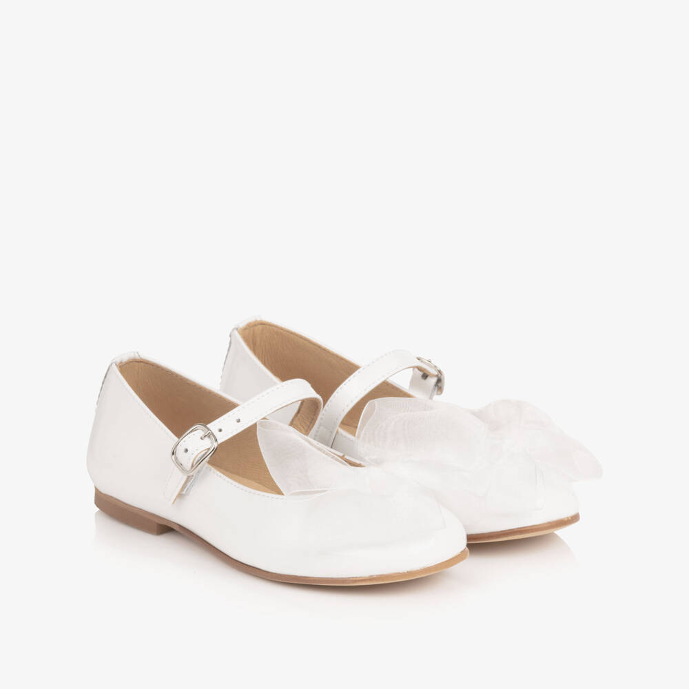Coeur by Childrensalon-Girls White Patent Leather Shoes with Organza Bow | Childrensalon