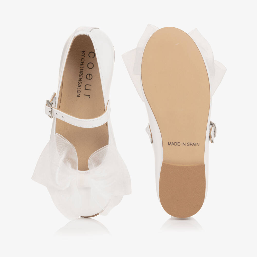 Coeur by Childrensalon-Girls White Patent Leather Shoes with Organza Bow | Childrensalon