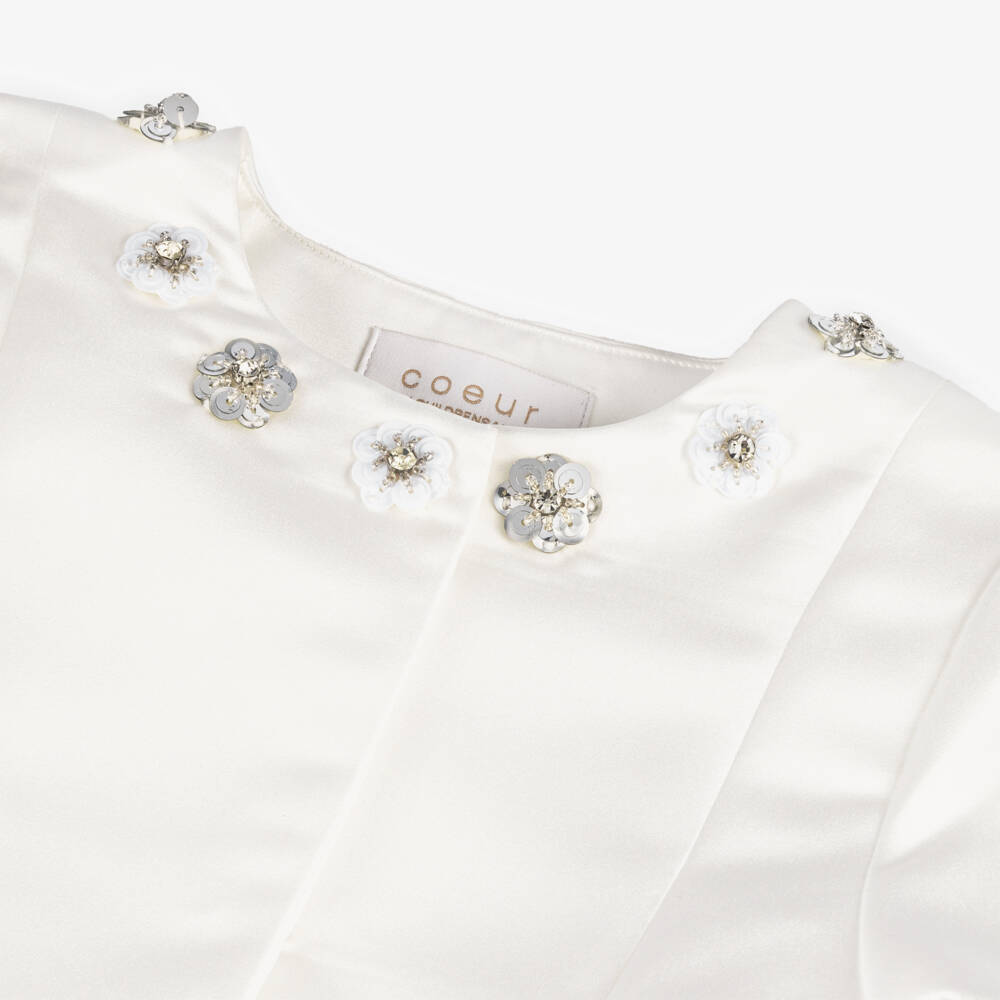 Coeur by Childrensalon-Girls White Satin Sequin Flowers Coat | Childrensalon