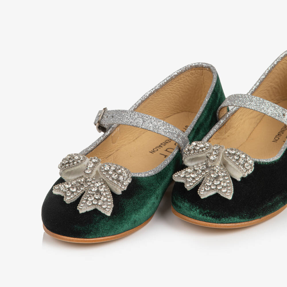 Coeur by Childrensalon-Green Velvet Diamanté Bow Mary Jane Shoes | Childrensalon