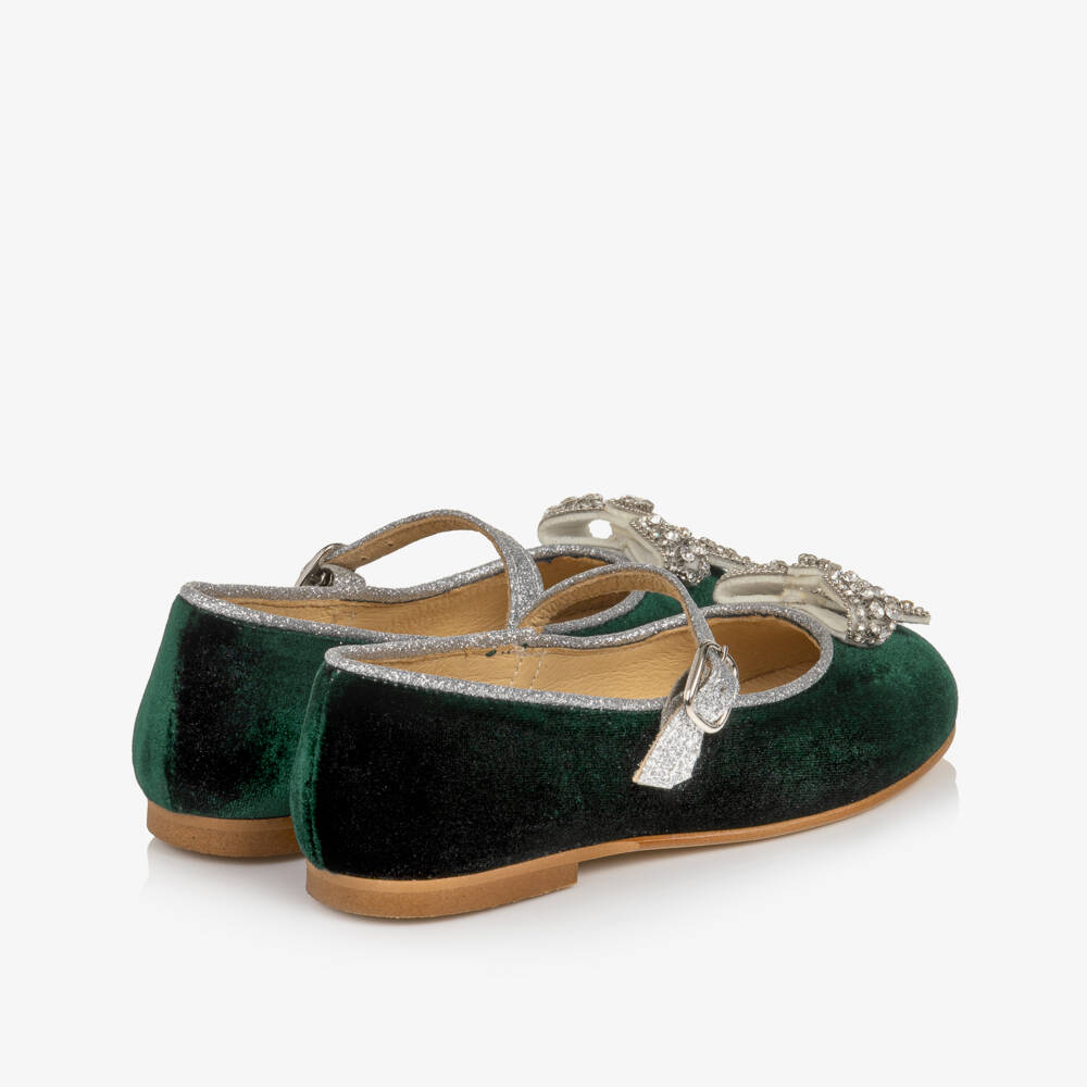 Coeur by Childrensalon-Green Velvet Diamanté Bow Mary Jane Shoes | Childrensalon