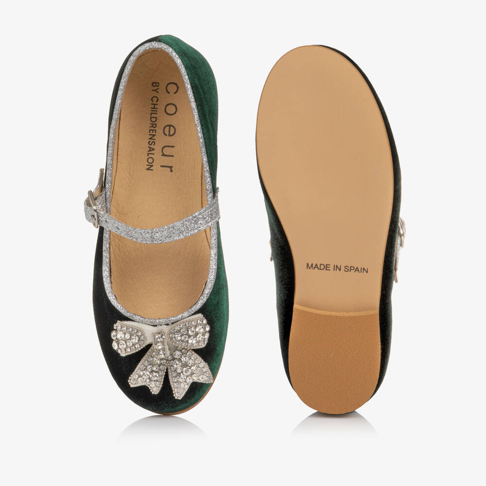 Coeur by Childrensalon-Green Velvet Diamanté Bow Mary Jane Shoes | Childrensalon