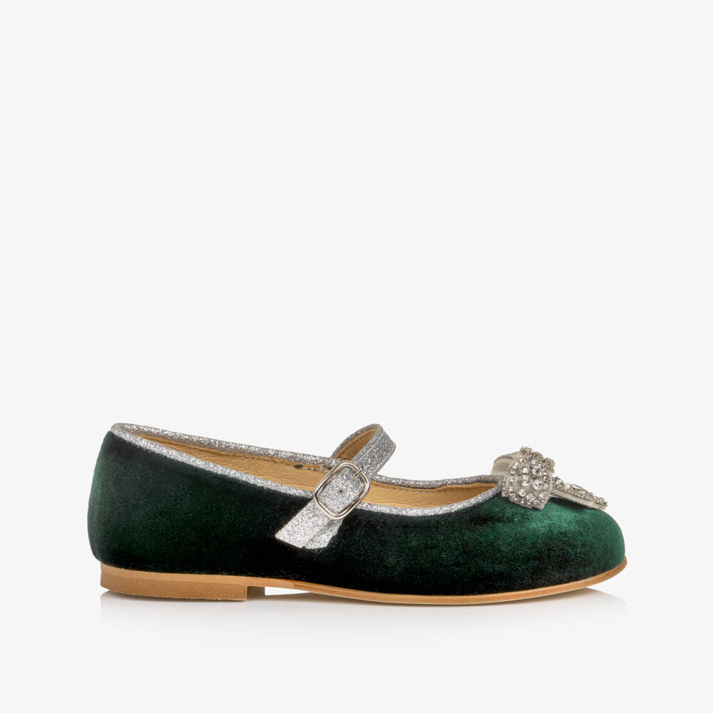 Coeur by Childrensalon-Green Velvet Diamanté Bow Mary Jane Shoes | Childrensalon