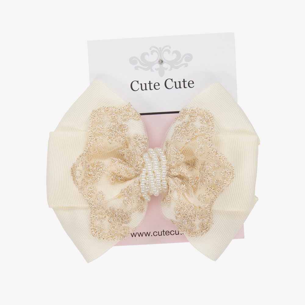 Cute Cute-Ivory & Gold Bow Clip (11cm) | Childrensalon