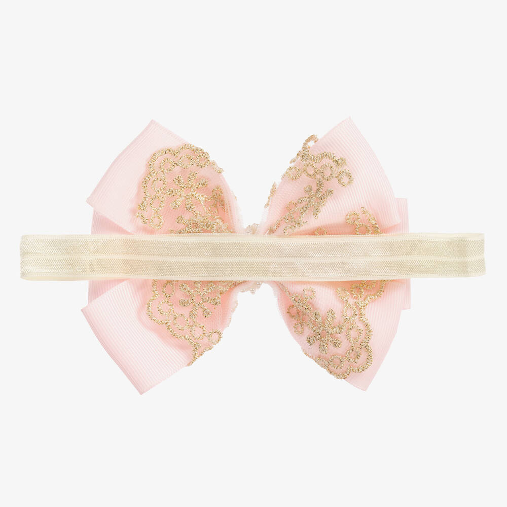 Cute Cute-Large Pink Bow with Gold Lace & Pearls Headband | Childrensalon