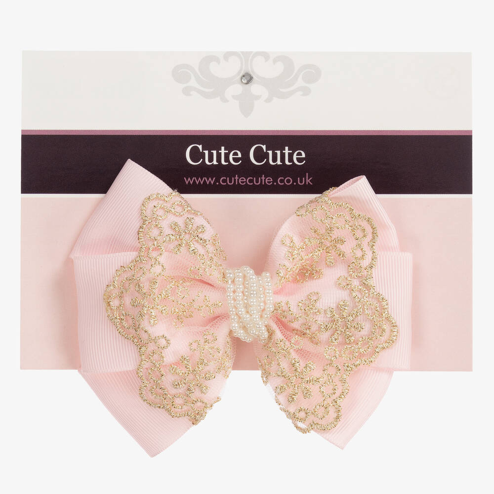 Cute Cute-Large Pink Bow with Gold Lace & Pearls Headband | Childrensalon