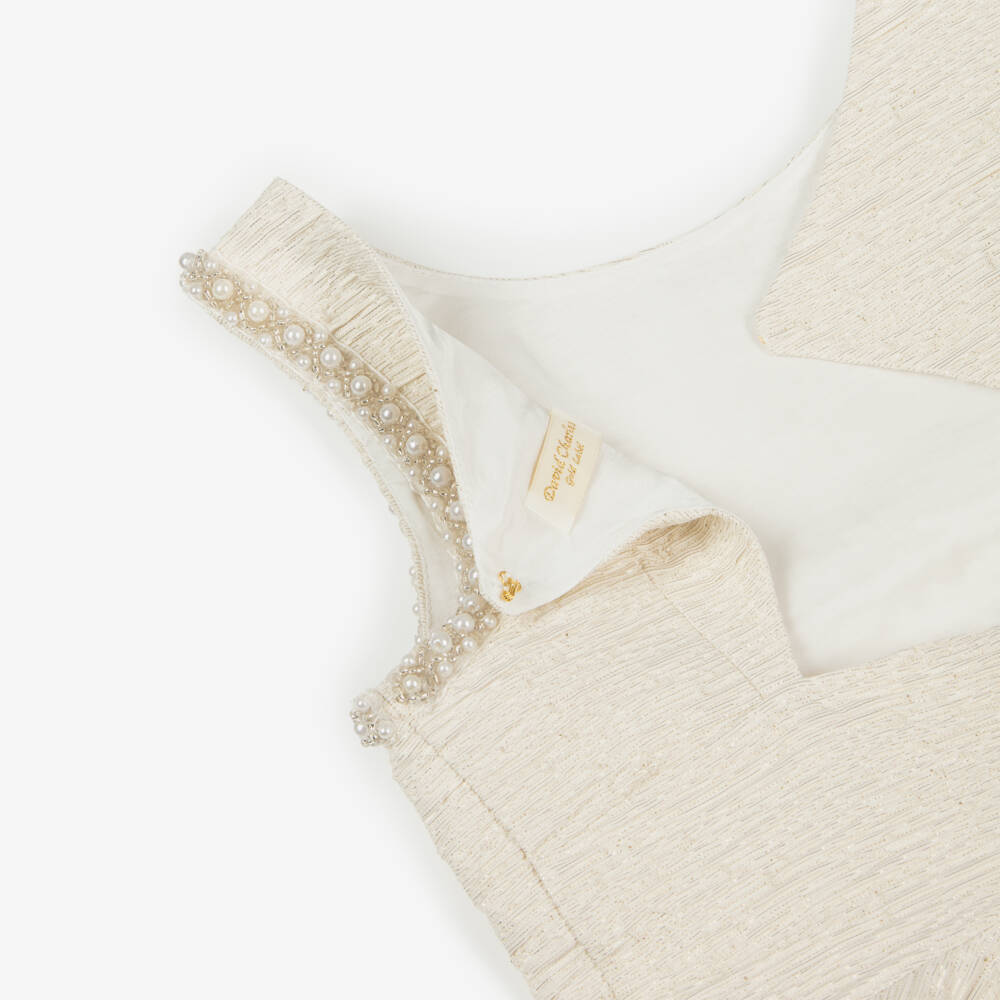 David Charles-Girls Beige & Metallic Gold Dress | Childrensalon