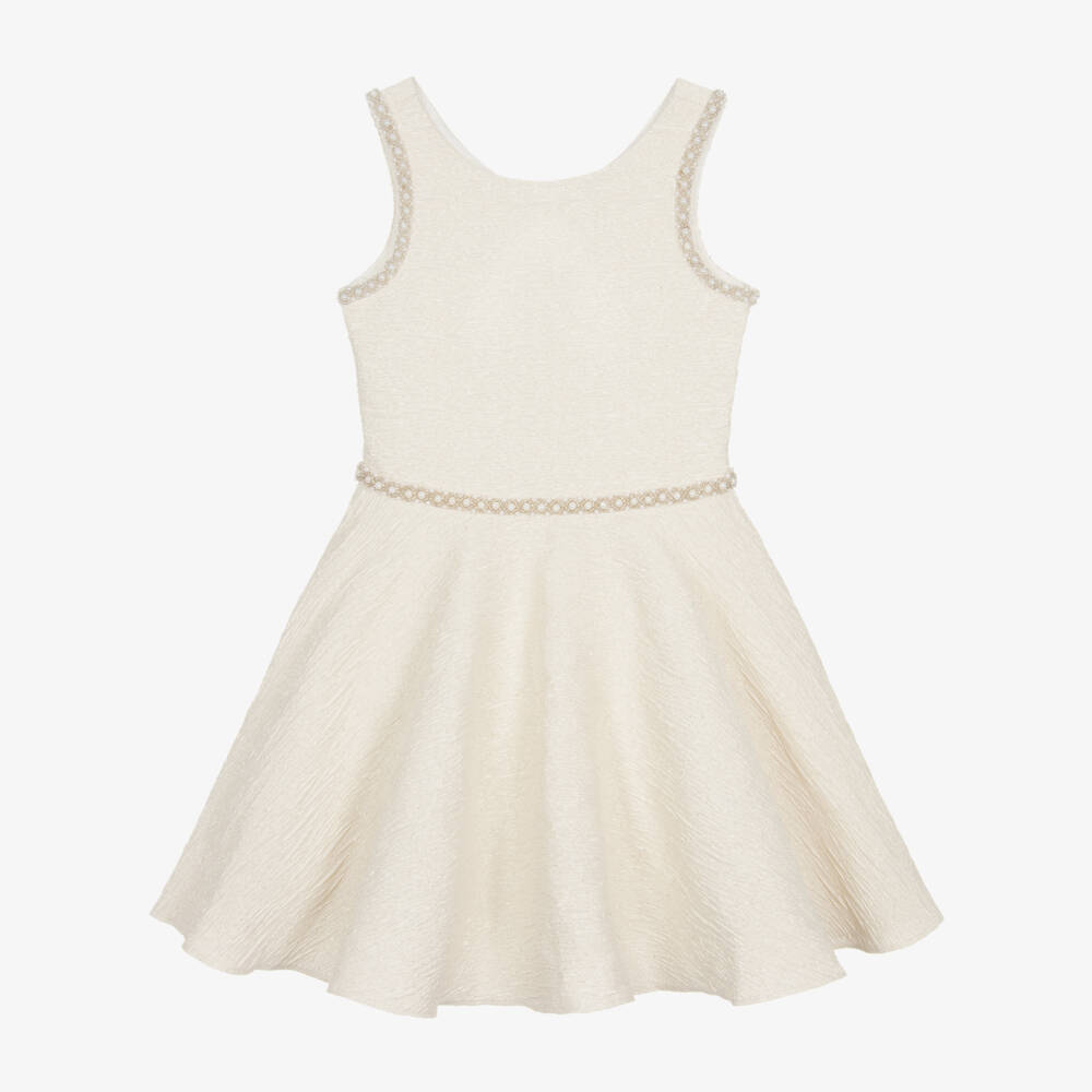 David Charles-Girls Beige & Metallic Gold Dress | Childrensalon