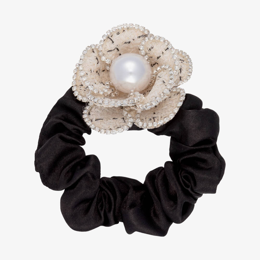 David Charles-Girls Black Satin & Diamanté Flower Hair Elastic (6cm) | Childrensalon
