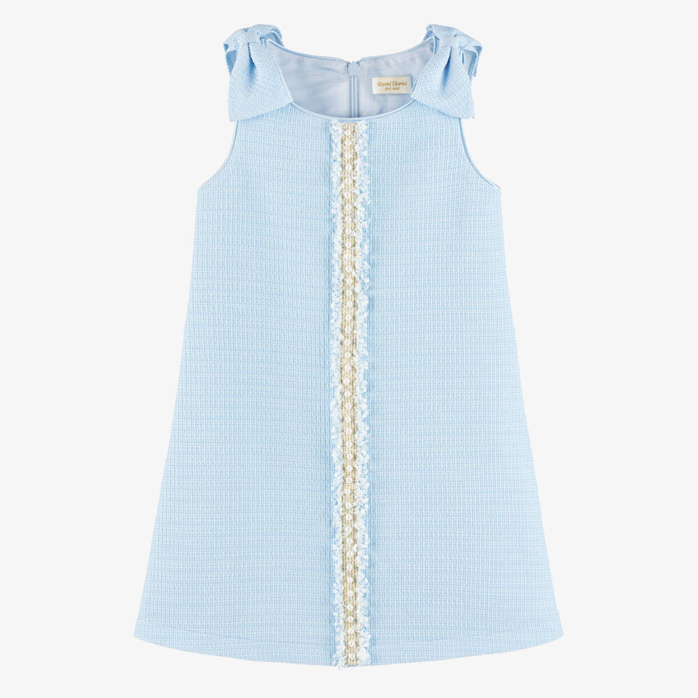 David Charles-Girls Blue Dress with Tweed & Pearl Trim | Childrensalon