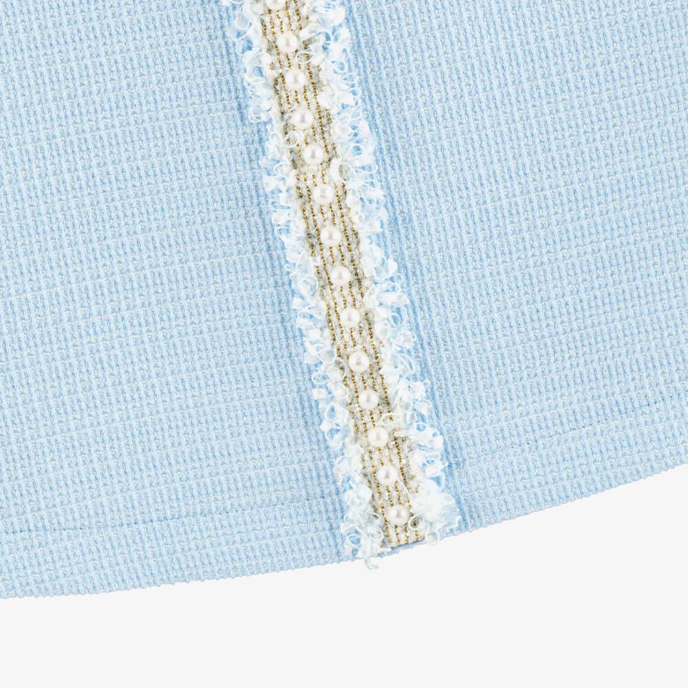 David Charles-Girls Blue Dress with Tweed & Pearl Trim | Childrensalon