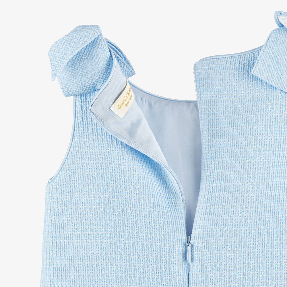 David Charles-Girls Blue Dress with Tweed & Pearl Trim | Childrensalon