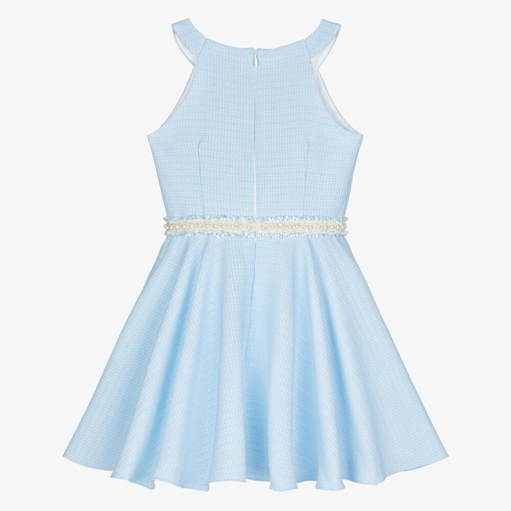 David Charles-Girls Blue Sleeveless Dress with Pearl Tweed Trim | Childrensalon