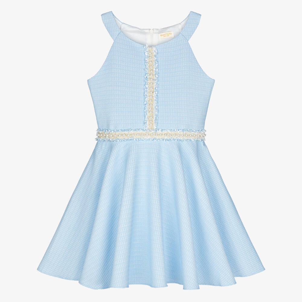 David Charles-Girls Blue Sleeveless Dress with Pearl Tweed Trim | Childrensalon
